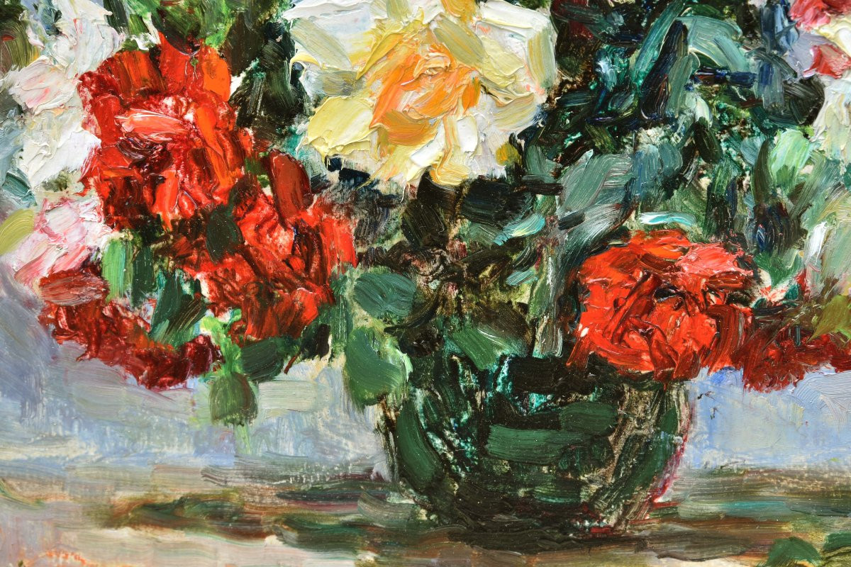 Albert Guilloux "bouquet Of Roses" Oil On Canvas 27x36-photo-1